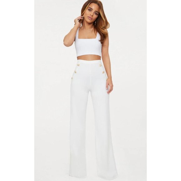 PrettyLittleThing Pants - PETITE WHITE MILITARY BUTTON WIDE LEG PANTS Size 6